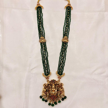 Temple Jewellery Lakshmi Pendant Green Beads Necklace Set with Jhumka Earrings | Antique Gold Finish