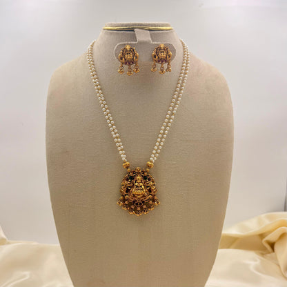 Pearl Mala Lakshmi Temple Pendant Necklace Set