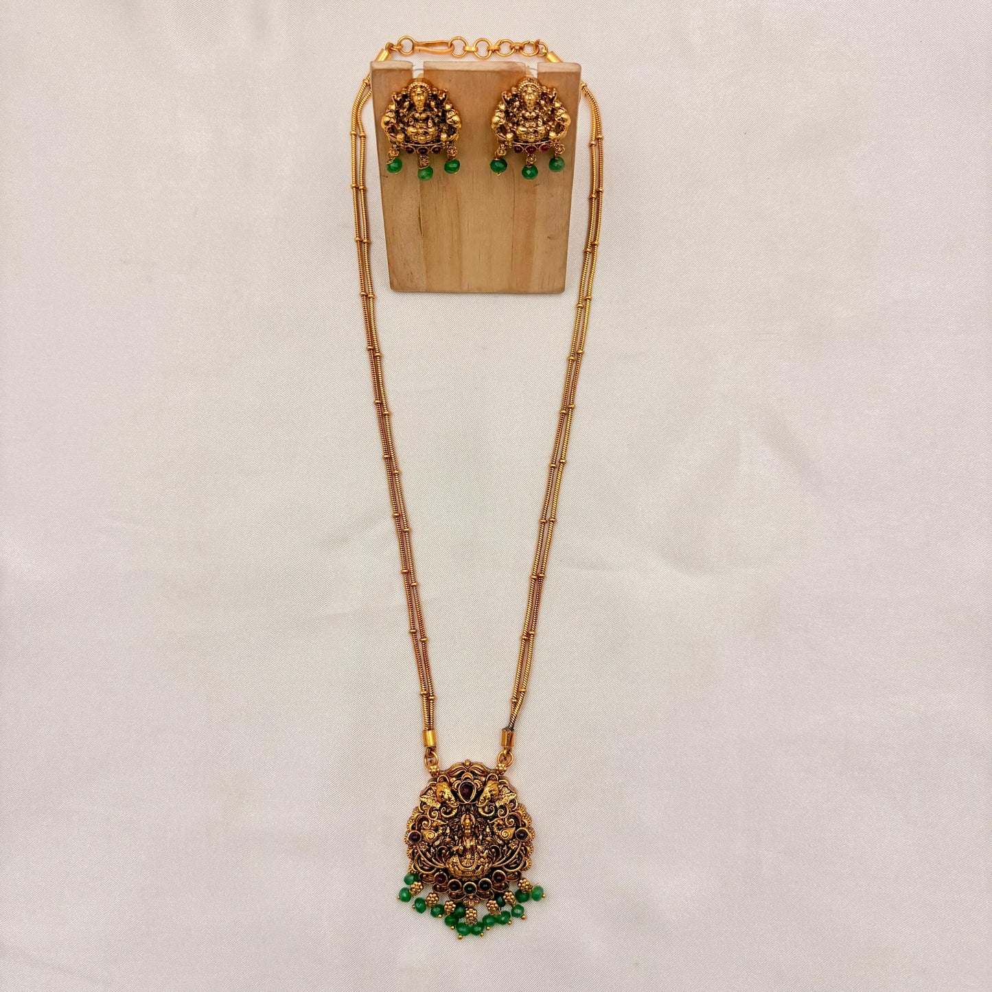 Antique Lakshmi Temple Long Necklace Set – Green Bead Drops