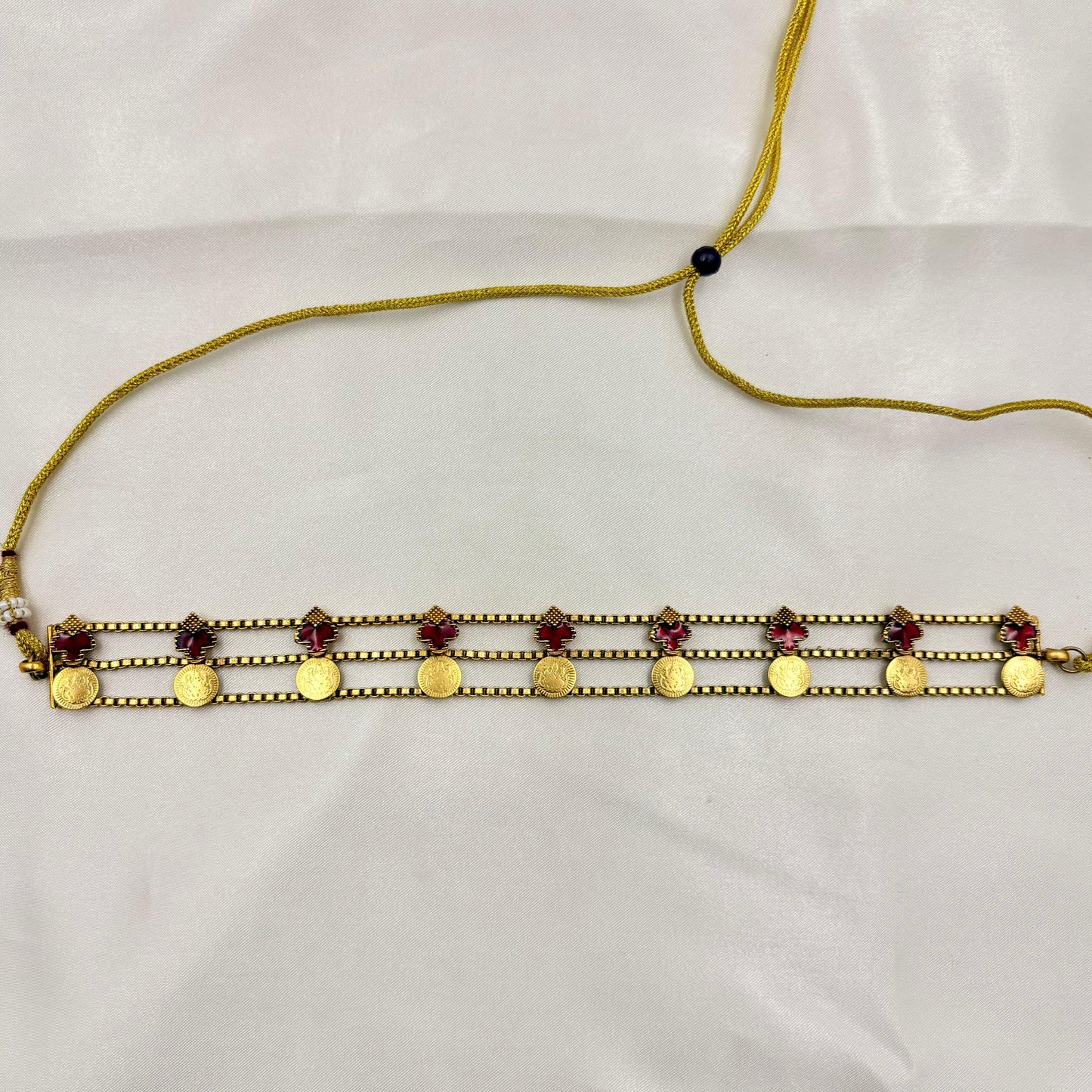 Traditional Multi-Layer Coin Choker Set with Red Stones | Antique Gold Finish