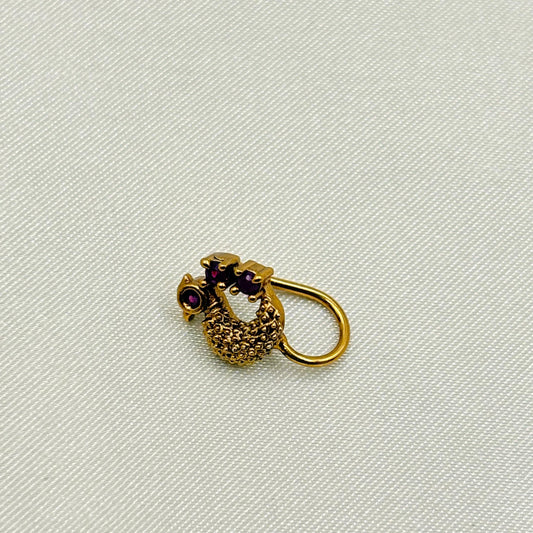 Antique Textured Gold Nose Pin with Ruby Stone Accent