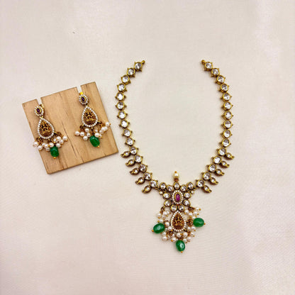 Elegant CZ Pendant Necklace Set with Green Beads & Pearl Drops – Gold Finish