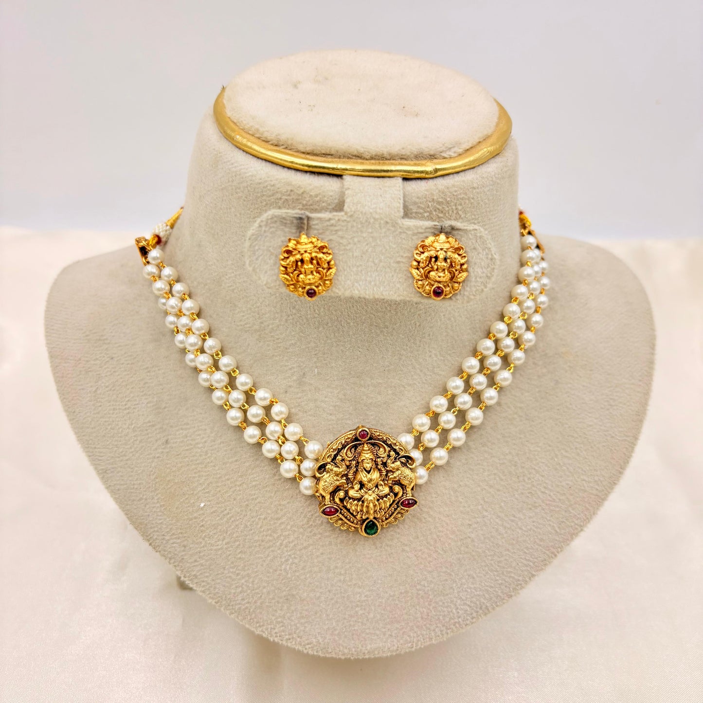 Temple Lakshmi Pearl Necklace Set with Antique Gold Finish