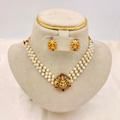 Temple Lakshmi Pearl Necklace Set with Antique Gold Finish
