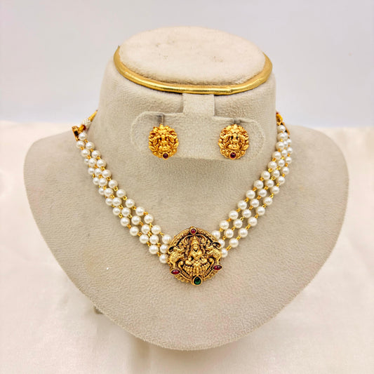 Temple Lakshmi Pearl Necklace Set with Antique Gold Finish