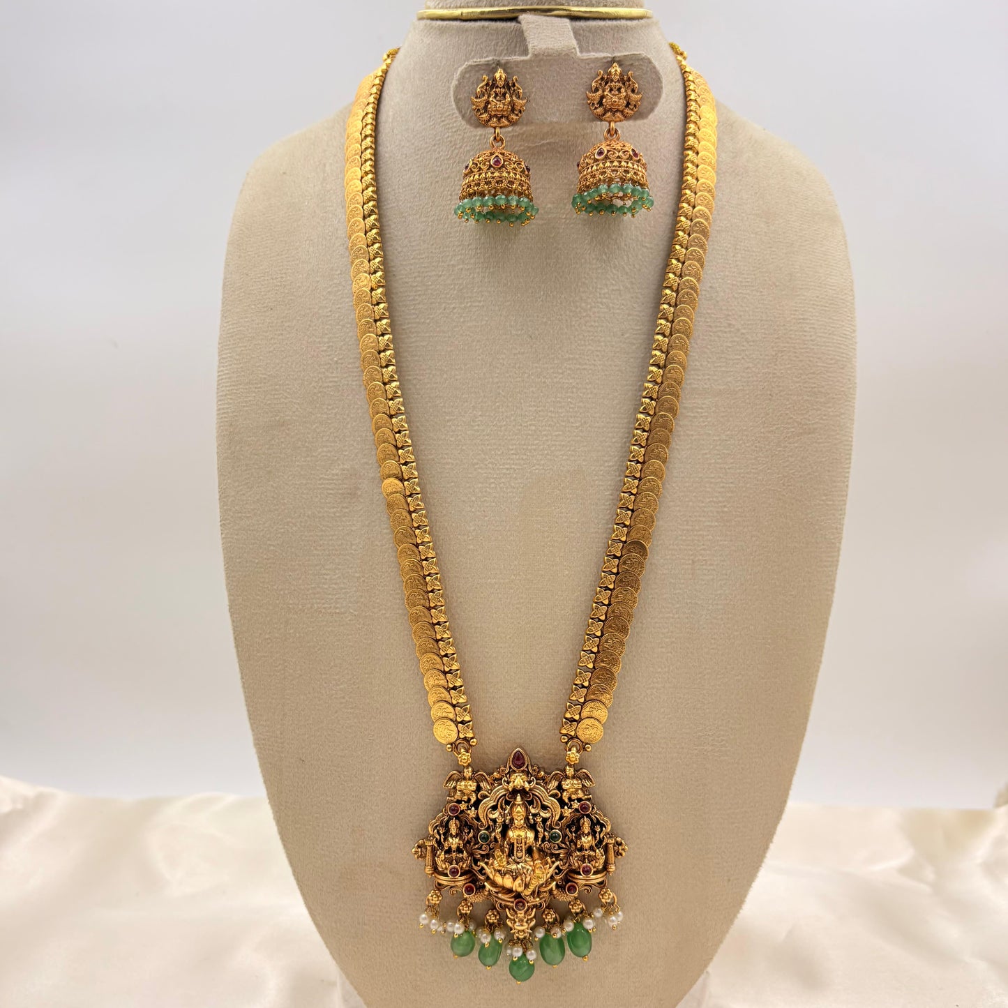 Antique Gold Kasu Lakshmi Haram with Green Bead Drops & Temple Jhumka Earrings | Bridal Temple Jewelry Set