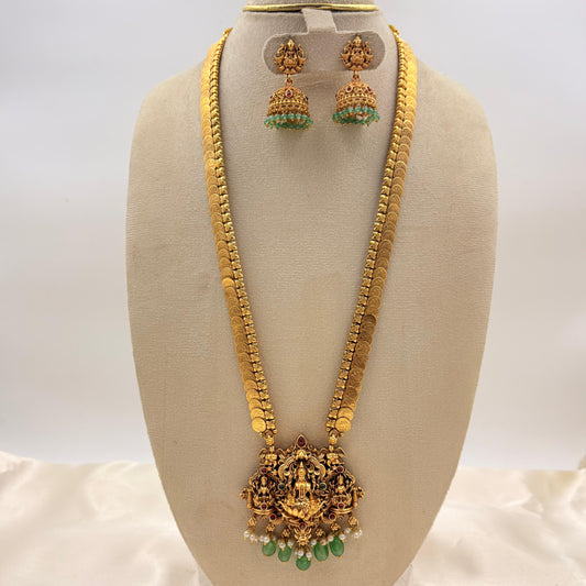 Antique Gold Kasu Lakshmi Haram with Green Bead Drops & Temple Jhumka Earrings | Bridal Temple Jewelry Set