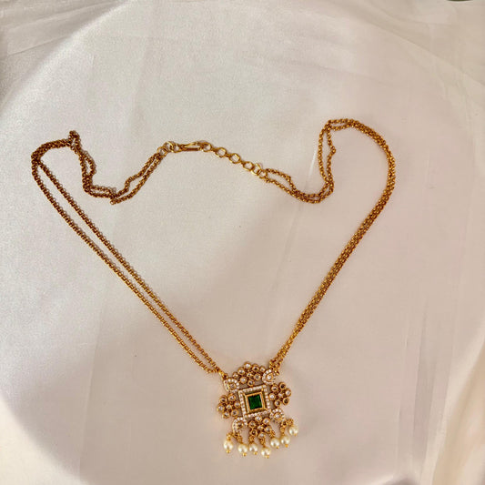Gold-Plated Emerald Green Stone Pendant Necklace with Pearl Drops