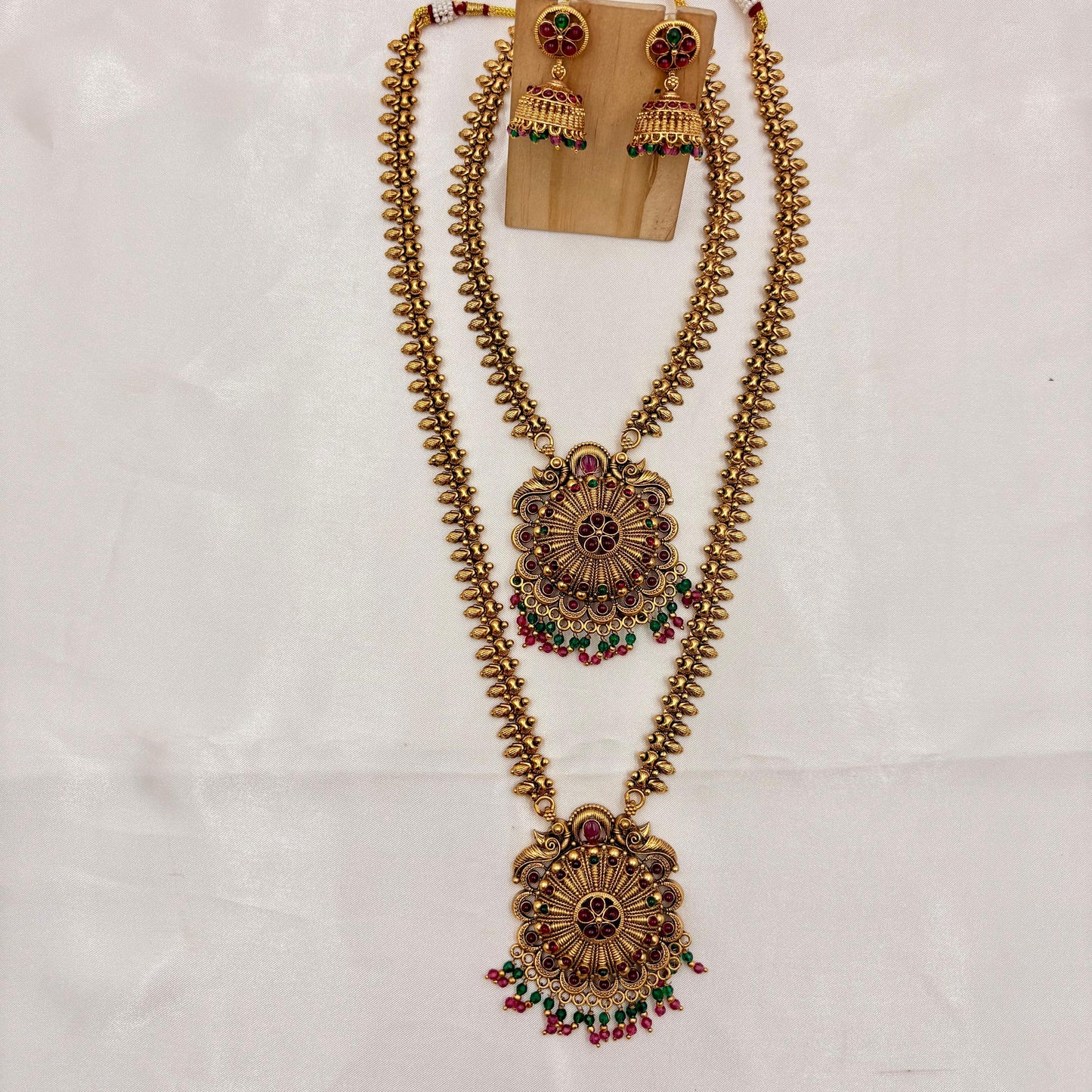 Antique Gold Dual Layer Long Haram Necklace Set with Round Pendant & Jhumka Earrings