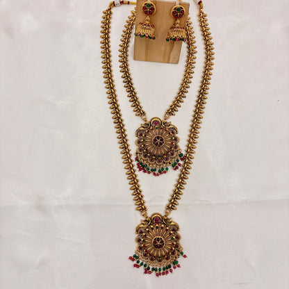 Antique Gold Dual Layer Long Haram Necklace Set with Round Pendant & Jhumka Earrings