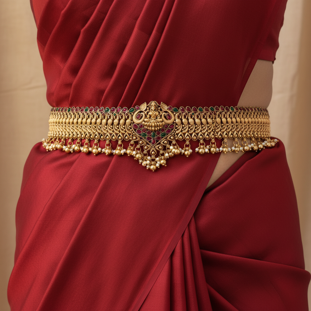 Traditional Temple Jewellery Lakshmi Vaddanam / Oddiyanam – Antique Gold Waist Belt with Ruby & Emerald Stones