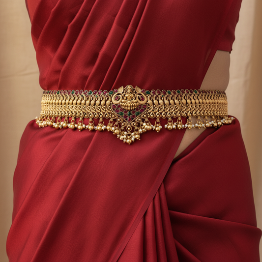 Traditional Temple Jewellery Lakshmi Vaddanam / Oddiyanam – Antique Gold Waist Belt with Ruby & Emerald Stones