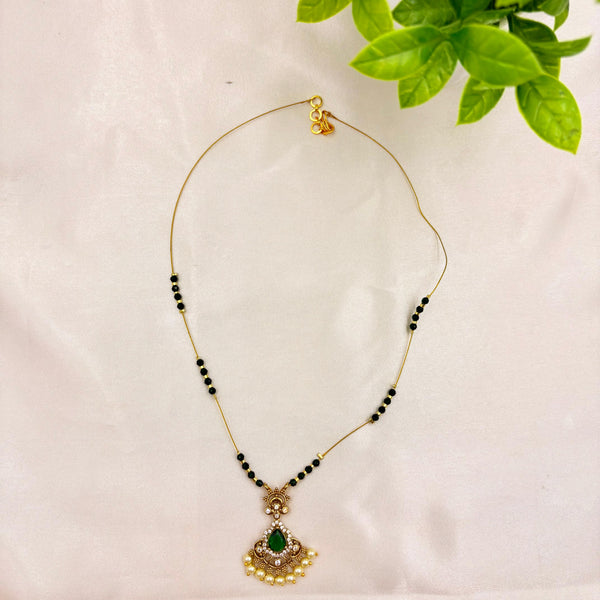 Gold Finish Black Bead Wire Necklace with Green Stone & Pearl Pendant