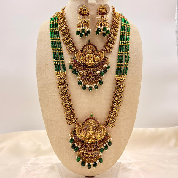 Bridal Temple Lakshmi Haaram Set – Long & Short Necklace with Jhumkas | Dual Layer Green Bead Mala | Antique Gold Finish