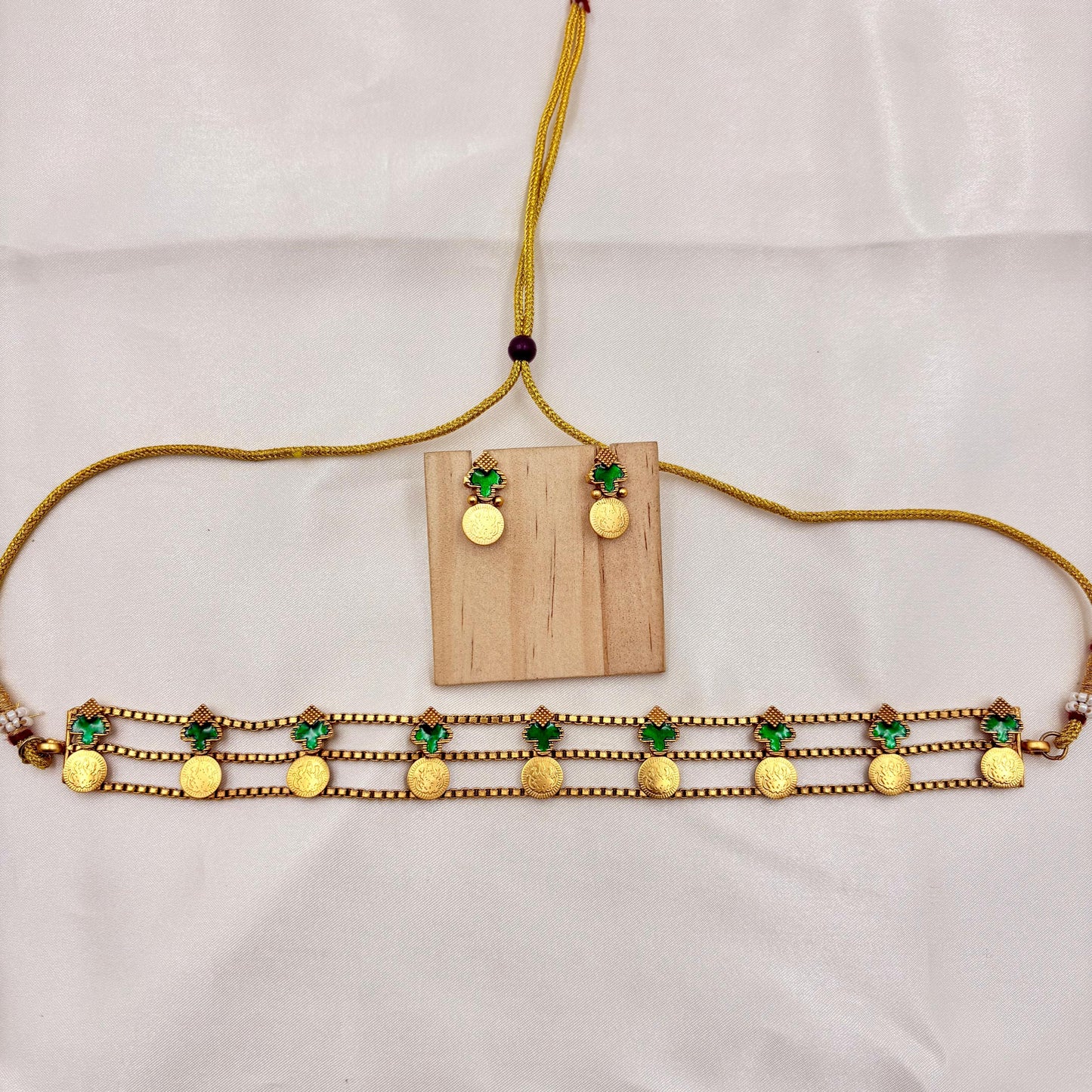 Traditional Green Coin Choker Necklace Set | Temple Jewellery Design