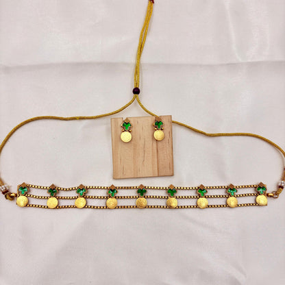 Traditional Green Coin Choker Necklace Set | Temple Jewellery Design