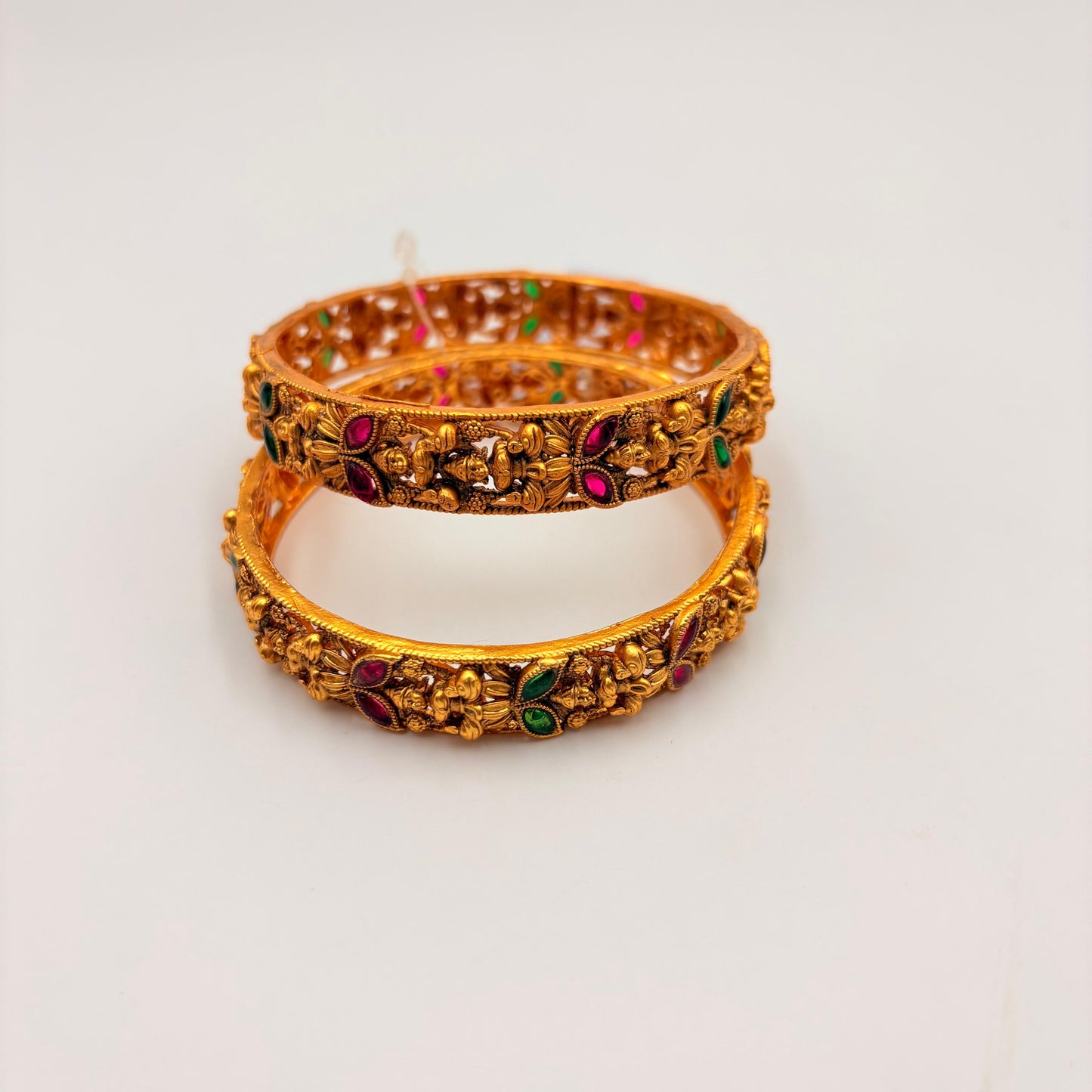 Gold-Plated Lakshmi Temple Bangles with Ruby & Green Stones – Traditional South Indian Bridal Bangles
