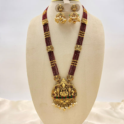 Red Beads Temple Haaram with Lakshmi Pendant & Jhumka Earrings | Antique Gold Finish