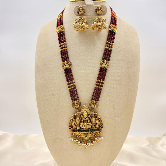 Red Beads Temple Haaram with Lakshmi Pendant & Jhumka Earrings | Antique Gold Finish