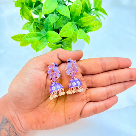 Lavender Enamel Peacock Jhumka Earrings with Pearl Drops