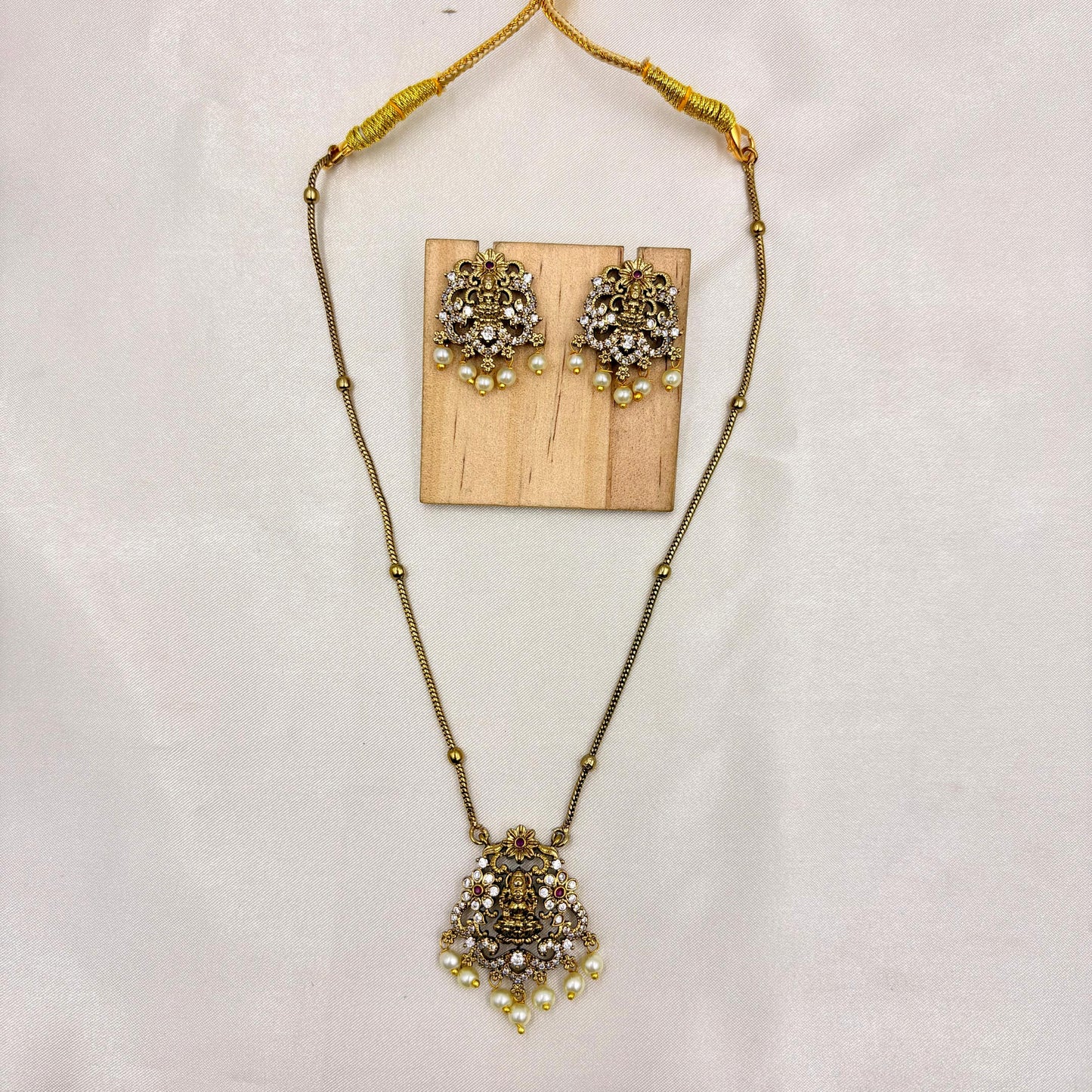 Antique Gold Lakshmi Temple Necklace Set with Pearl Drops