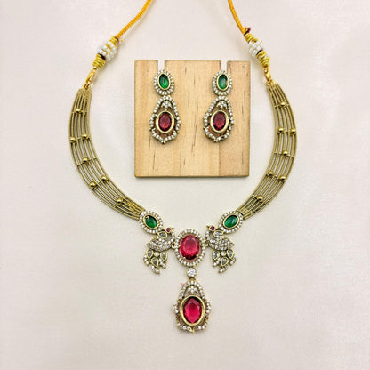 Peacock Design Ruby & Emerald Stone Necklace Set – Gold Finish CZ Jewellery