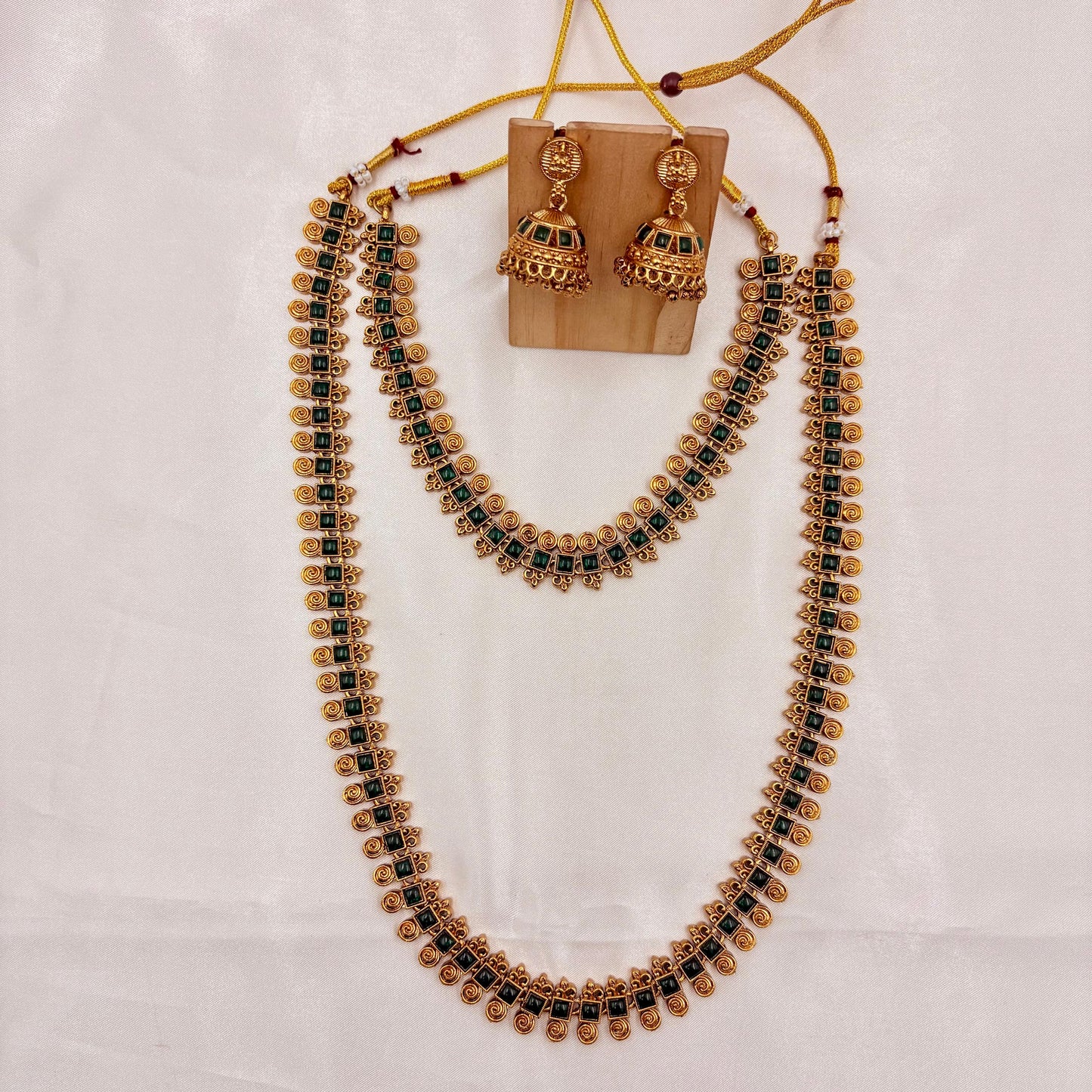 Antique Gold Green Stone Long Haram Necklace Set with Jhumka Earrings