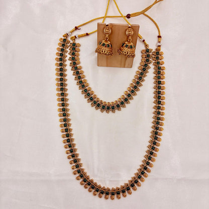 Antique Gold Green Stone Long Haram Necklace Set with Jhumka Earrings