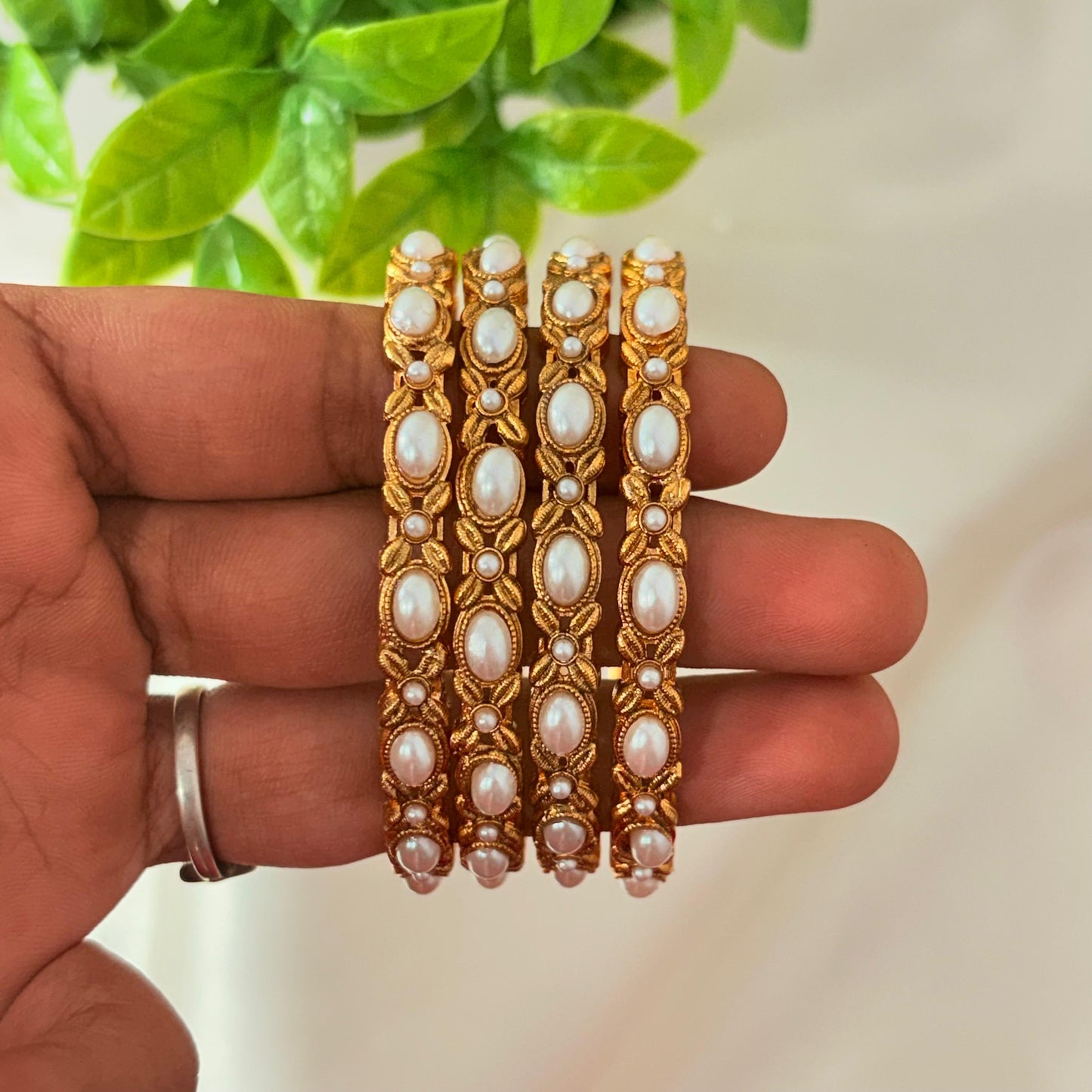Gold-Plated Pearl Stone Traditional Bangles – Elegant Bridal & Festive Wear (Set of 4)