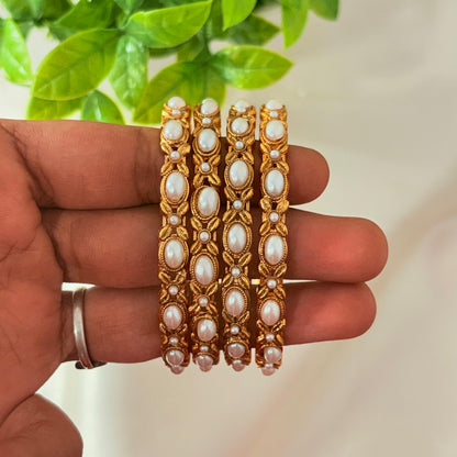 Gold-Plated Pearl Stone Traditional Bangles – Elegant Bridal & Festive Wear (Set of 4)