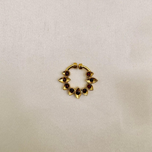 Gold Finish Maroon Stone Nose Pin | Non-Piercing Nath | Adjustable Nose Ring