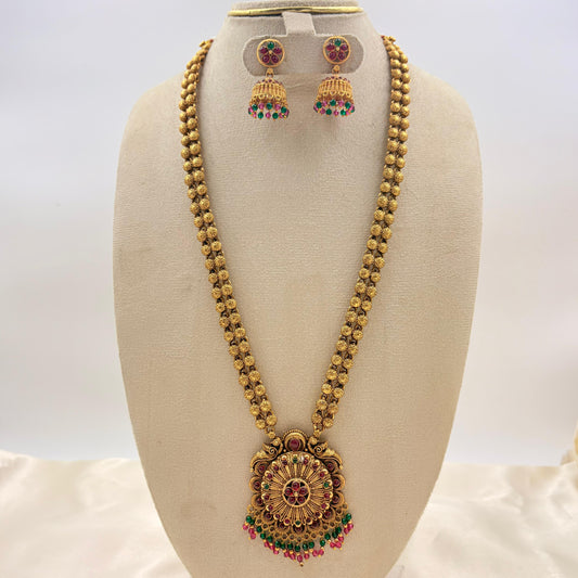 Antique Gold Floral Long Haram Necklace with Color Beads & Jhumka Earrings