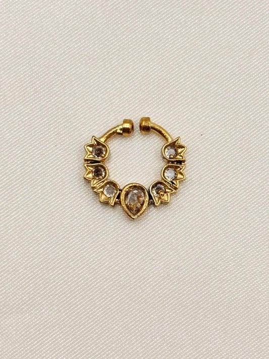 Teardrop White Stone Leaf Design Nose Pin – Gold Finish