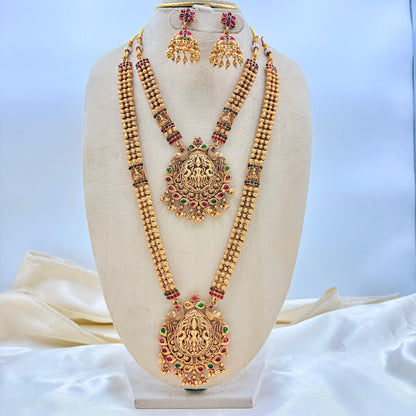 Grand Double Layer Antique Gold Temple Haram with Lakshmi Pendants & Jhumka Earrings