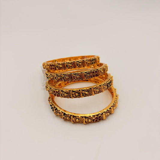 Antique Gold Temple Bangles with Ruby & Emerald Stones – Intricately Carved South Indian Bangle Set (Set of 4)