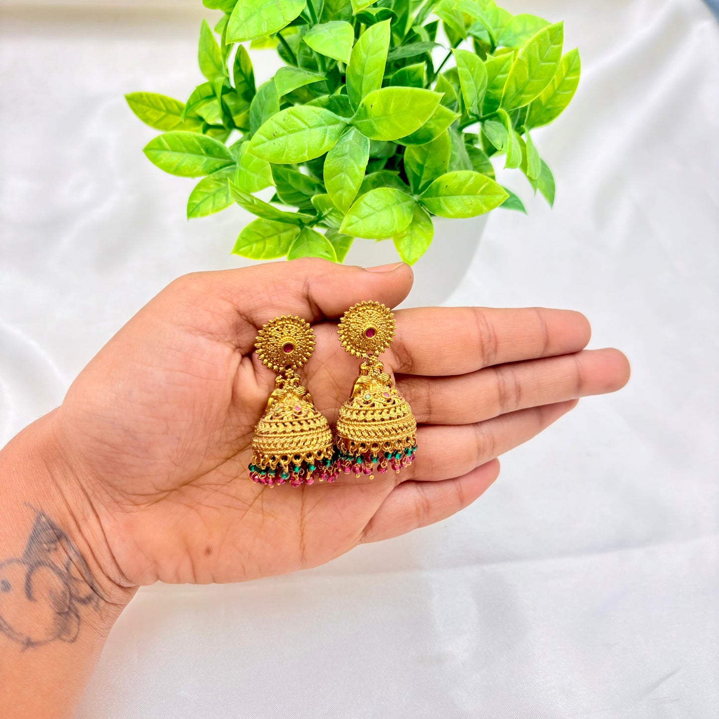 Antique Gold Temple Jhumka Earrings with Multicolor Bead Drops
