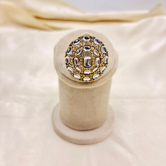 Round Mirror Kundan Adjustable Finger Ring – Antique Gold Finish