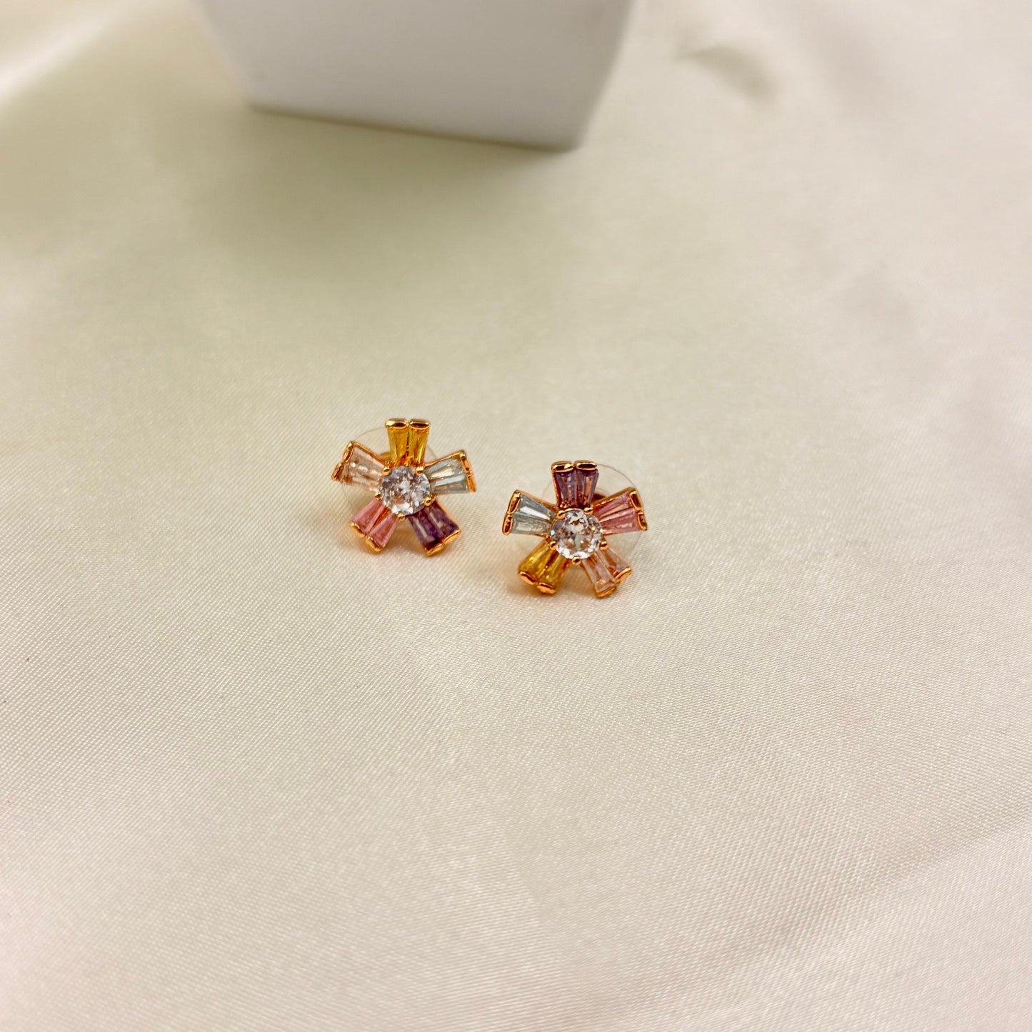 Multicolor Crystal Flower Stud Earrings – Gold Tone Floral Studs