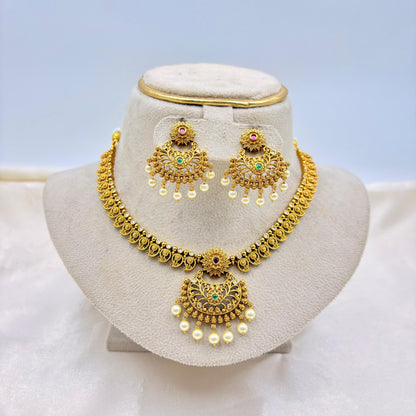 Antique Gold Finish Temple Necklace Set with Pearl Drops