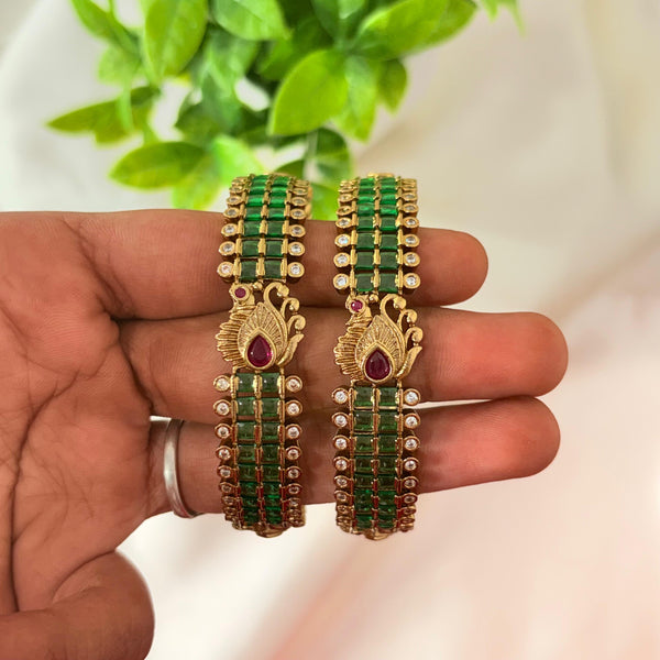Peacock Motif Green Stone Gold Finish Bangles | Bridal Traditional Design (Set of 2)