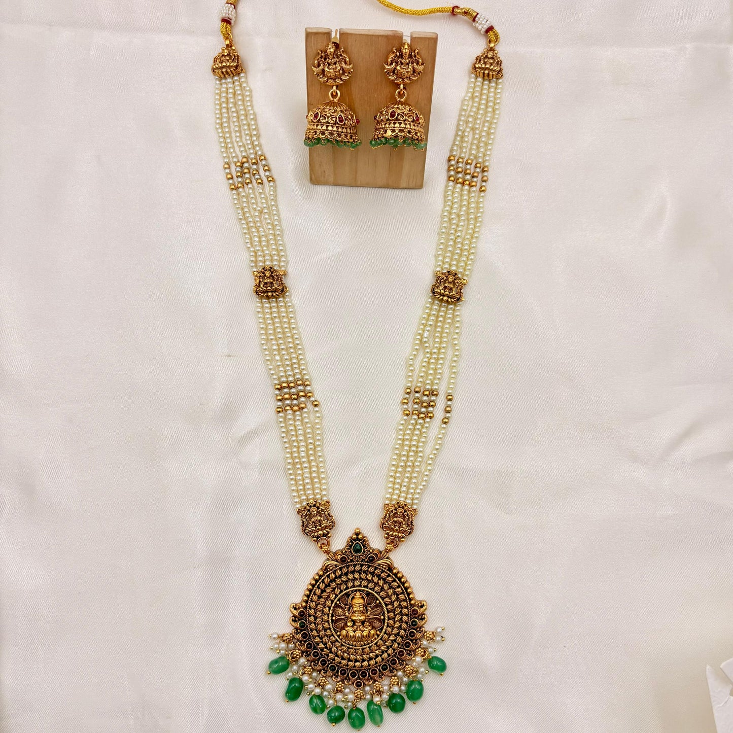 Traditional Pearl Temple Haaram with Lakshmi Pendant & Jhumka Earrings | Antique Gold | Green Drops