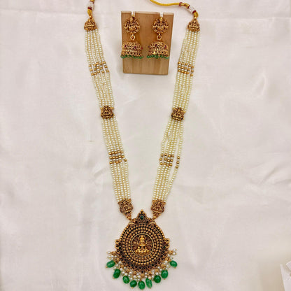 Traditional Pearl Temple Haaram with Lakshmi Pendant & Jhumka Earrings | Antique Gold | Green Drops