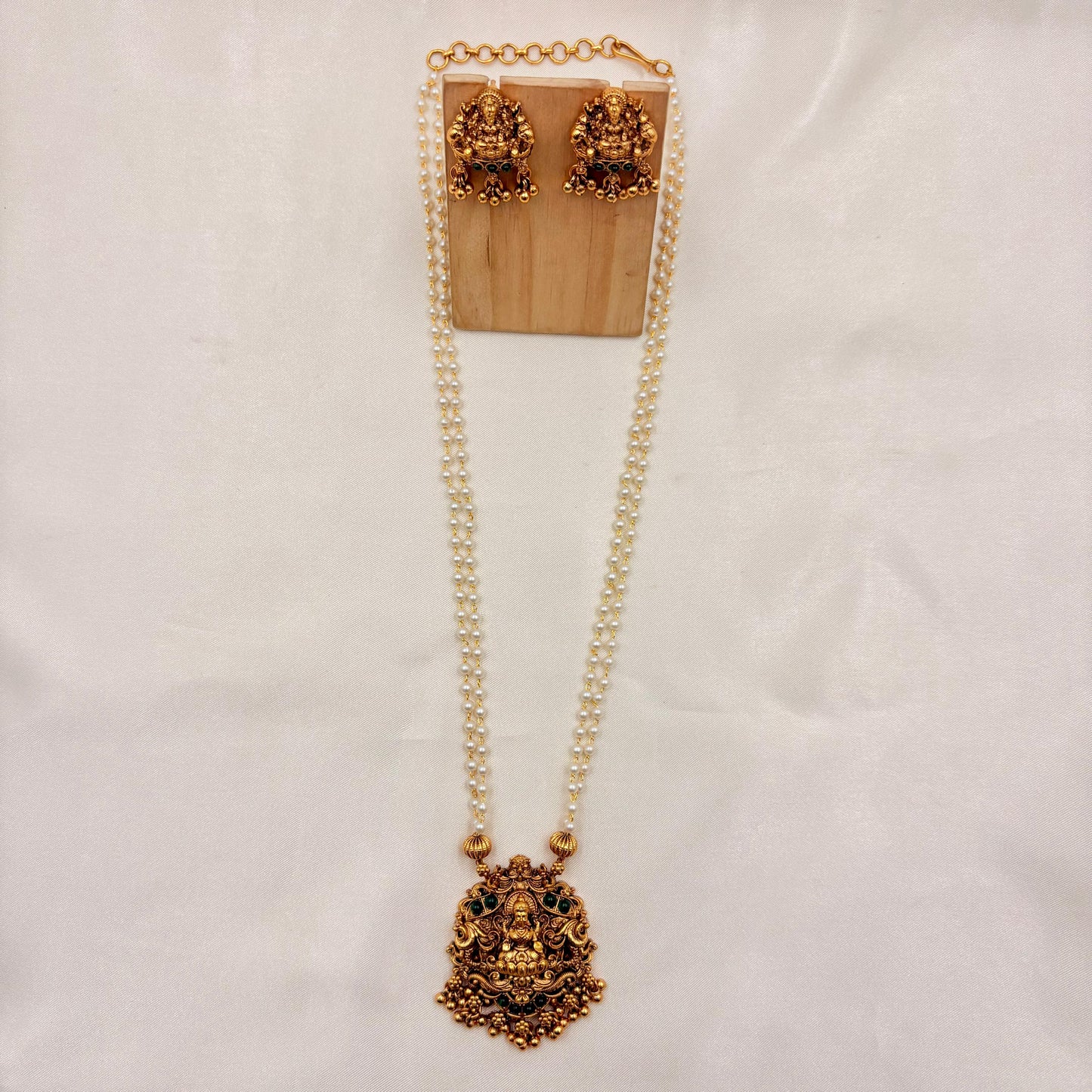 Double Line Pearl Lakshmi Temple Necklace Set