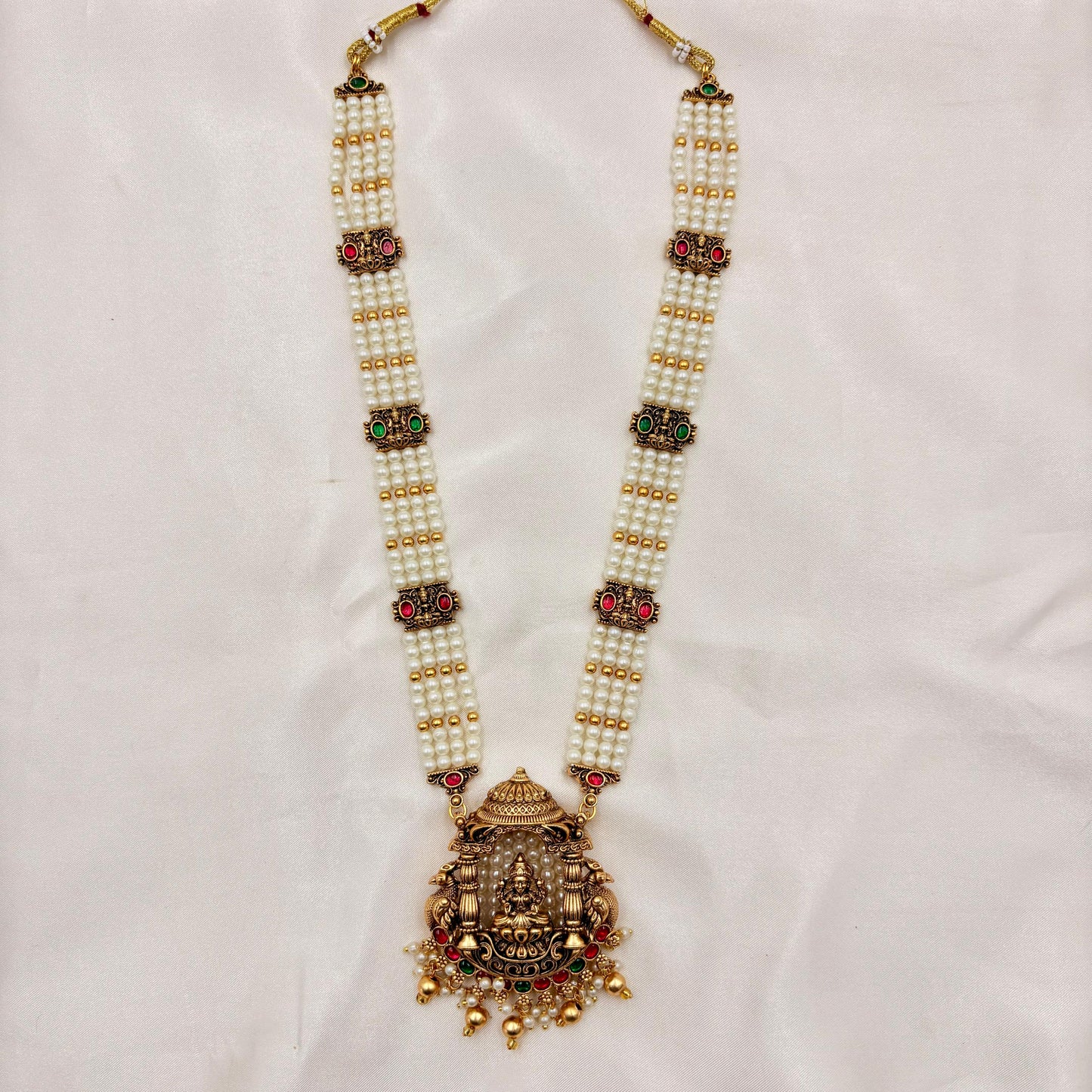 Pearl Temple Haaram with Lakshmi Pendant & Jhumka Earrings | Antique Gold Finish