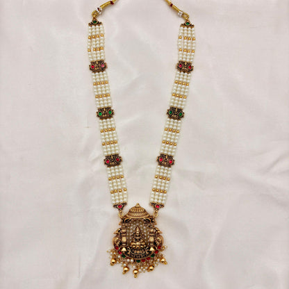 Pearl Temple Haaram with Lakshmi Pendant & Jhumka Earrings | Antique Gold Finish
