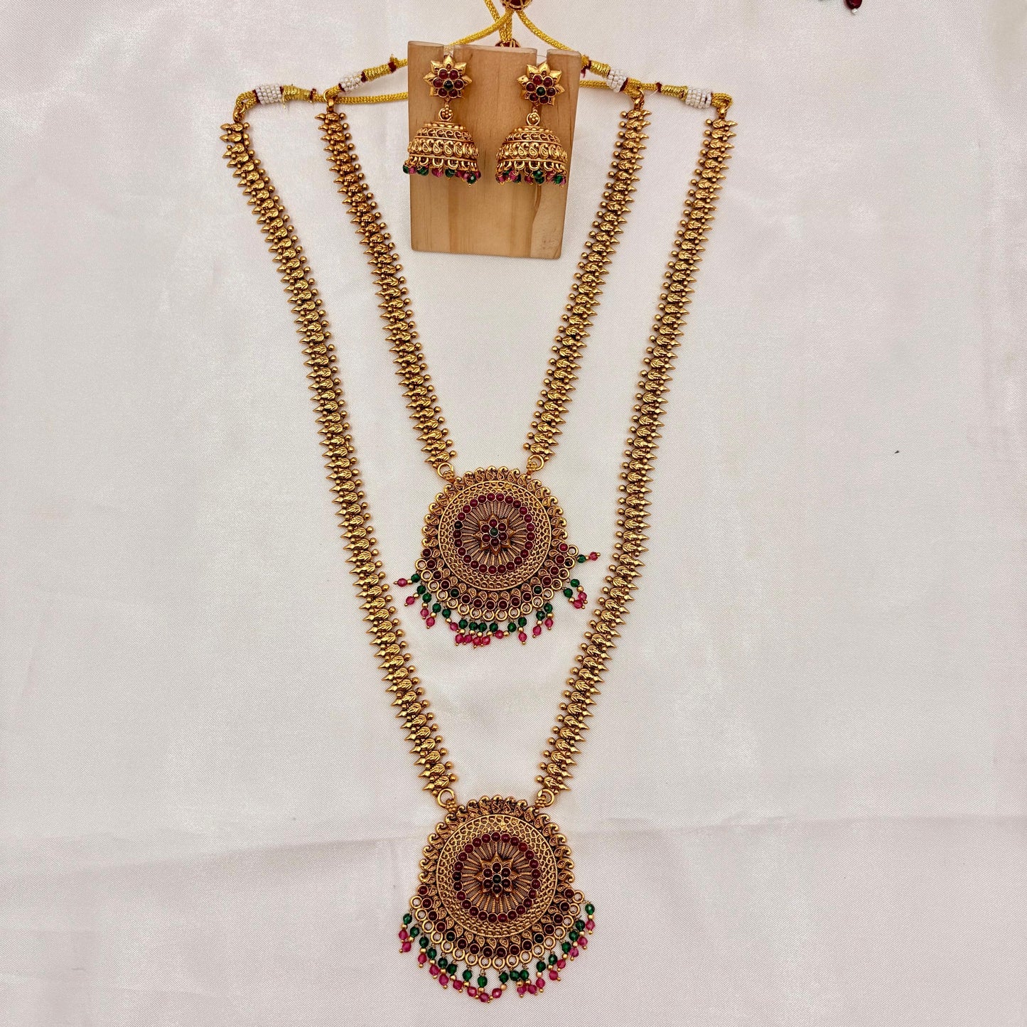 Antique Gold Dual Layer Long Haram Necklace Set with Circular Floral Pendants & Jhumka Earrings