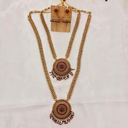 Antique Gold Dual Layer Long Haram Necklace Set with Circular Floral Pendants & Jhumka Earrings