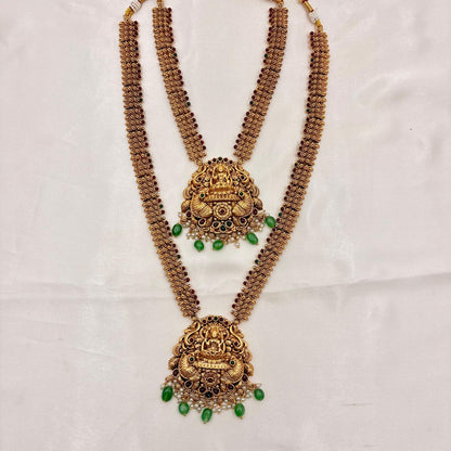 Antique Gold Temple Long Haram Necklace Set with Lakshmi Pendant & Jhumkas