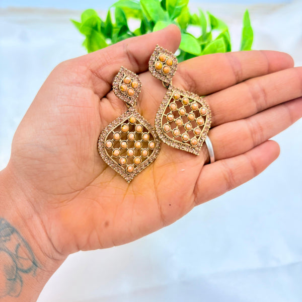 Gold Finish Peach Stone Kundan Drop Earrings