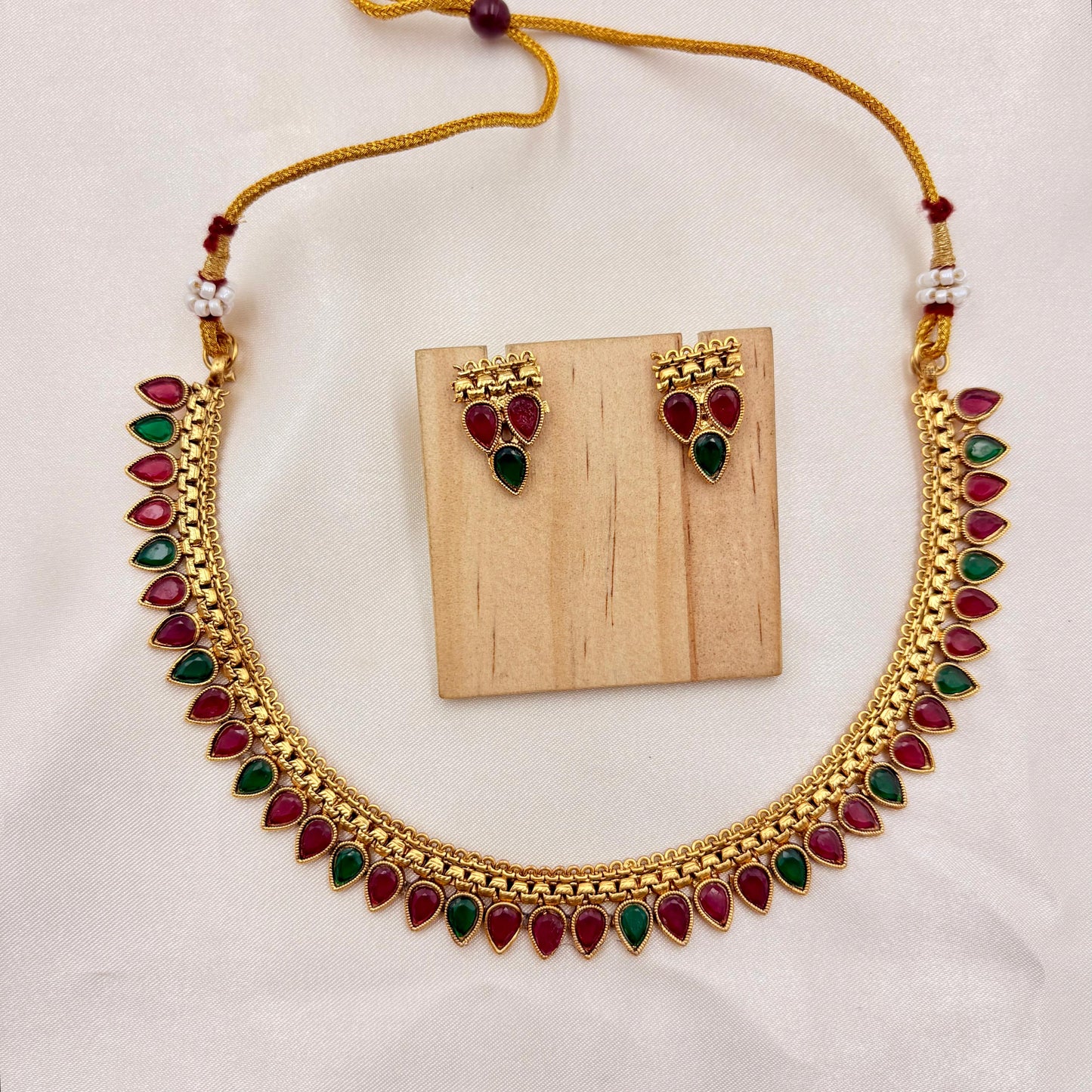 Ruby & Emerald Enamel Teardrop Necklace Set | Traditional Lightweight Jewellery